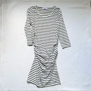 Miss Qee black and white striped ruched dress size medium